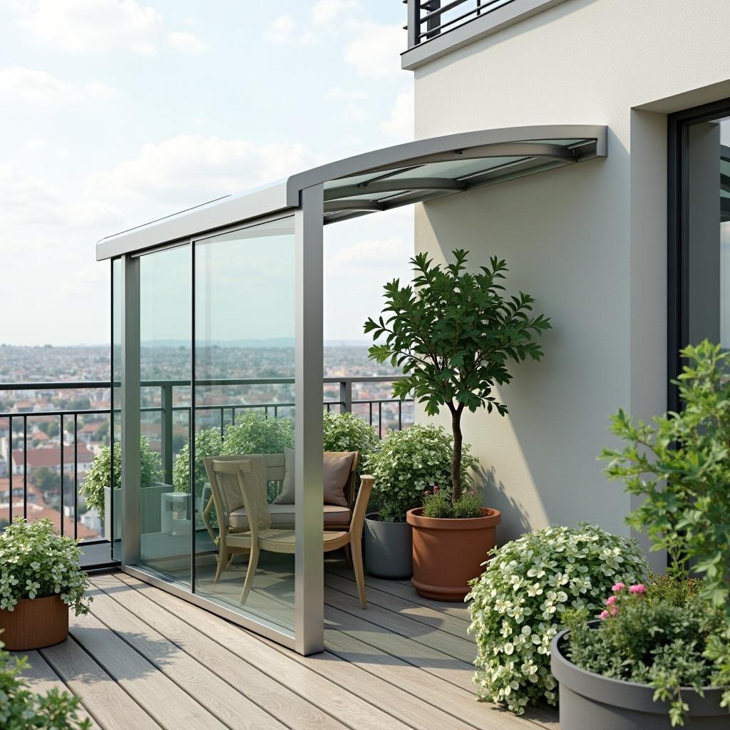Mẫu mái hiên kính cường lực cho khu tiểu cảnh ban công, thiết kế nhỏ gọn, khung inox thanh lịch, giúp bảo vệ cây xanh